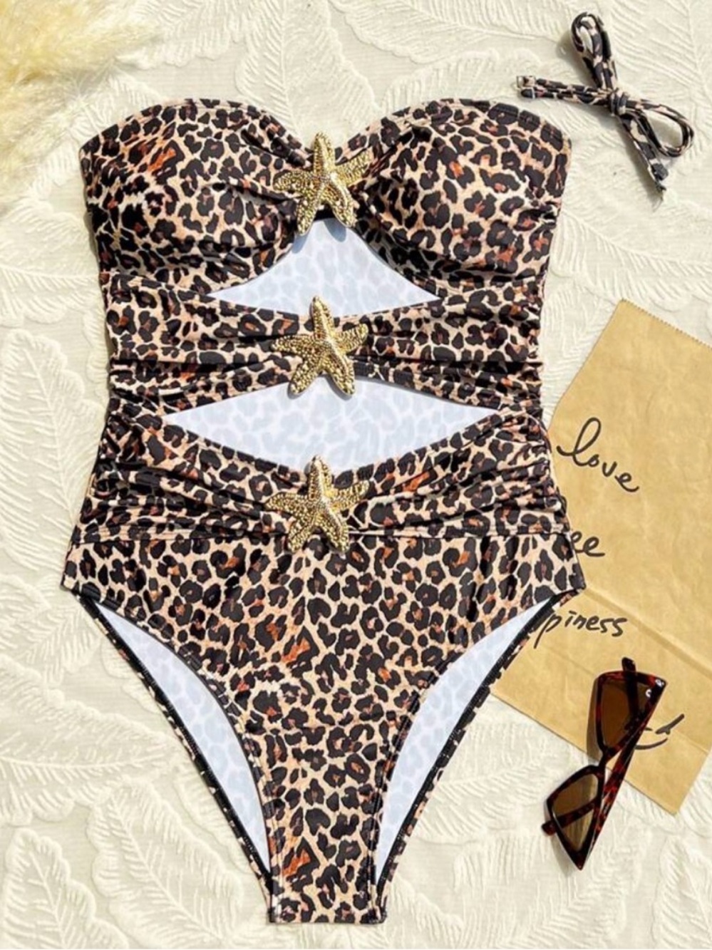 SHEIN Leopard Print Cutout One-Piece Swimsuit with Starfish Accents - Brown - Picture 2 of 13